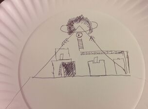 Concept drawn by Andrew Allanson for the pyramid room in the Factory Hotel. Humorously drawn on a paper plate because he couldn't find paper.[6]