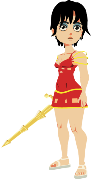 Asuka wearing a bright red cross, with yellow straps covering her shoulders. She wields a golden sword.